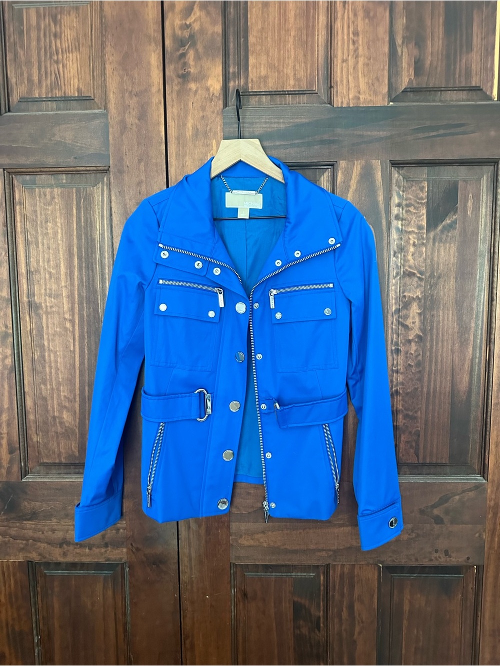 Michael Kors Electric Blue Utility Jacket with Zip and Snap Details